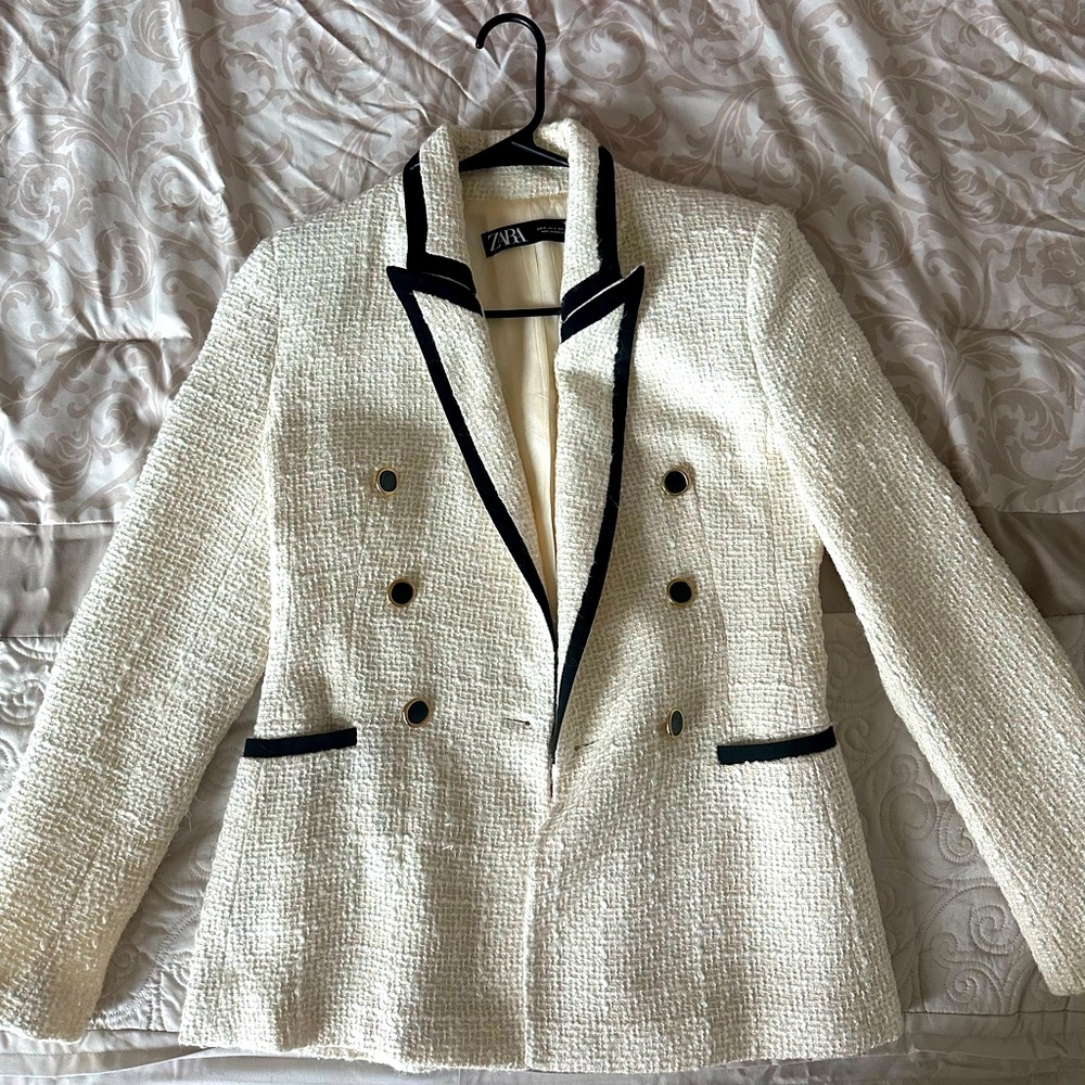Zara Cream Textured Double-Breasted Blazer with Black Trim